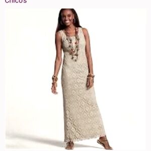 Chico's Woman's Brown Cassandra Crochet Summer Minimalist Maxi Dress Sz Lr